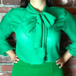 Emerald green pussy-bow blouse